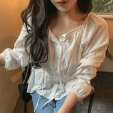 Voguable Chic Spring Candy Color Belted round Neck Long Sleeve Loose Slimming Age-Defying Women's Shirt French Style Cotton Polyester lollapalooza outfit spring outfits voguable