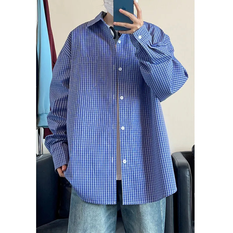 Long Sleeved Shirt Men Oversized Casual Plaid Shirt Men Streetwear Korean Loose Blue Casual Shirt Mens Shirts Plus Size 5XL voguable