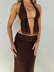 Hollow Out Lace-up Sexy Skirt 2 Piece Sets Women Brown Halter Crop Tops And Maxi Skirt Female Skinny Sexy Two Piece Set voguable