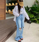 Vintage Streetwear Hole Jeans Women Fashion Loose Wide Leg Pants Summer Casual All Match Female Korean Straight Denim Trousers voguable