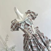 Voguable Pure Cotton Plaid Preppy Dress Women British Retro Lace Bandage Bow Kawaii Mini Dress Vintage Chic Square Collar Ball Gown Dress voguable