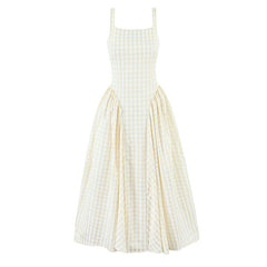 Lace Up Bandage Plaid Sling Dress Women Elegant Square Neck Low Waist A-line Midi Summer Dresses Holiday Party Robe 2025 voguable