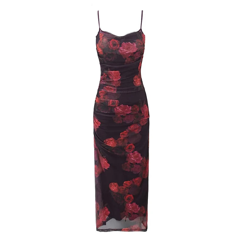 Sexy Women Vintage Floral Print Mesh Sling Long Dress Side Ruching Back Hem Slit Female Summer Dresses Bodycon Robe