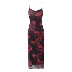 Sexy Women Vintage Floral Print Mesh Sling Long Dress Side Ruching Back Hem Slit Female Summer Dresses Bodycon Robe
