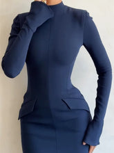 Elegant Dark Blue Solid High Waist Mini Dress Women Fashion Pocket decora Long Sleeve Bodycon Dresses Chic Party Club Robes voguable