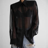 Voguable Women's Loose See Through Long Sleeve Shirt Lapel Fashion Female Sexy Mesh Splice Blouse Top Spring New Solid Color lollapalooza outfit spring outfits voguable