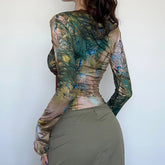 Vintage Crop Top Fairycore Aesthetic Graphic Floral Print Flared Long Sleeve T Shirts y2k Women Clothes Streetwear voguable