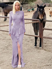 Backless Ruffled Sexy Maxi Dress For Women Gown Fashion O Neck Long Sleeve Thigh High Split Evening Long Dress Elegant voguable