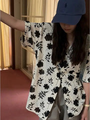 Retro loose casual temperament printed short-sleeved shirt for women in summer lazy slim versatile floral shirt casual y2k tops voguable
