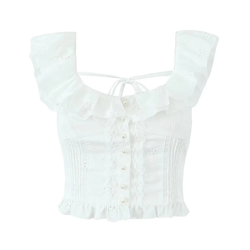 Women Hollow Out Embroidery White Tank Top Lace Trim Flying Sleeve Female Summer Crop Top Holiday voguable