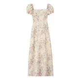 YENKYE Sweet Women Vintage Puff Sleeve Square Neck Floral Print Sexy Elegant Dress Summer Female A-line Midi Holiday Dress Boho voguable