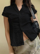 Solid Shirring Button Up Turn Down Collar Short Sleeve White Shirts Women Simple Casual Summer Clothes voguable