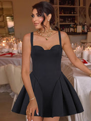 Spaghetti Strap Backless Sexy Mini Dress For Women Robe Solid Sleeveless High Waist A-line Pleated Club Party Dress voguable