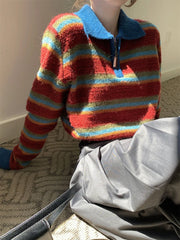 Voguable Vintage Harajuku Striped Sweater Women Sexy Cropped Knitted Pullover American Retro Turn Down Collar Design Casual Tops voguable