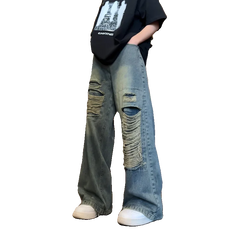 Beggar jeans men Vintage Streetwear Ripped Hole Jeans Men Women Harajuku Aesthetic Wide Leg Denim Trousers Unisex Straight Pants voguable