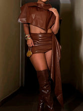 Voguable Sexy Streetwear Y2K Two Piece Womens Faux Leather Skirt Sets Autumn Fashion Cropped Top and Irregular Mini Skirts Outfits voguable