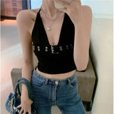 Voguable Summer Sexy Y2K Halter Neck Crop Top Women's Backless Cami Vest with Metal Buckle Clubwear Bustier Tops Sleeveless Tank Top voguable