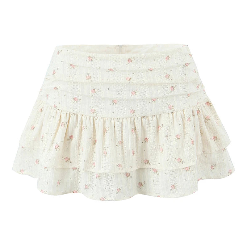 Sweet Girl Floral Print Layer Cake Mini Skirt Women Pleated Sexy Low Waist A-line Holiday Summer Skirts voguable