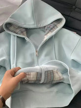 Plaid Patchwork Blue Hoodies Women Sweet Preppy Style Long Sleeve Cute Sweatshirts Loose Casual Vintage Female Korean Tops New voguable