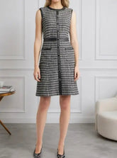 Voguable New French retro houndstooth leather trimmed dress for spring/summer , plus plus plus plus size tweed vest and A-line skirt voguable