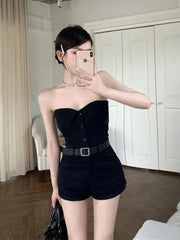 Black One Shoulder Strapless Jumpsuit Women Summer New Hottie Temperament Casual Tube Top High Waist Slim Wide Leg Shorts voguable
