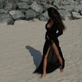 Voguable Ruffles Beach Cover Up Dress Women V Neck Long Sleeve Sexy Sun Protection Dress Vacation Fashion New Split Lace Up Long Dress voguable