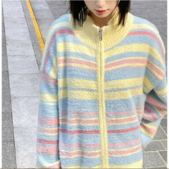 Striped Knit Splice Zipper Stand-UP Collar Sweater Autumn Winter Oversized Pullover Knitwear Women Soft Sweet Simple Cardigan voguable