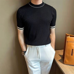 Men's Clothing Fashion Patchwork Tops Luxury High Quality Knit O Neck Short-sleeved T-shirt Leisure Popular Retro Slim Knitwear voguable