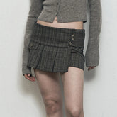 Voguable Vintage Plaid Print Buttons Irregular Hem Pleated Skirt Khaki Grey Preppy Style Sweet High Waist Mini Skirts Korean voguable