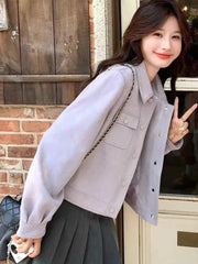 Purple Sweet Faux Suede Jacket Women Casual Vintage Korean Long Sleeve Coat Fall Winter Preppy Style Retro All Match Tops voguable