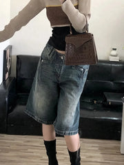 Voguable American Retro Blue Denim Shorts Women Korean Style High Waist Biker Jeans Feminino Vintage Pants 2024 Summer Chic Streetwear voguable