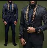 Voguable Black Floral Men Suits with Buttons Shawl Lapel Jacket with Pants 2 Piece Wedding Groom Tuxedo ( Blazer + Trousers) voguable