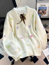 3D Floral Sweet Bow Cardigan Sweaters Women Preppy Style Loose V Neck Korean Knitted Jacket Casual Fashion Long Sleeve Fall Tops voguable