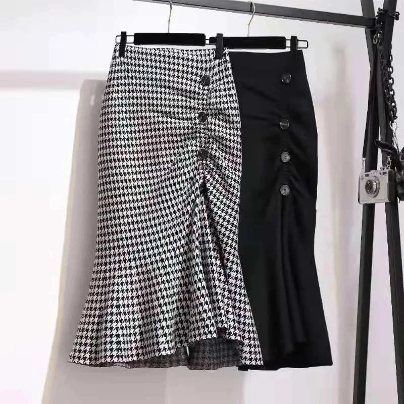 Trumpet Houndstooth Vintage High Waist Buttons Women's Skirt Korean Fashion Mermaid Mid-Calf Long Skirts For Women Spring voguable