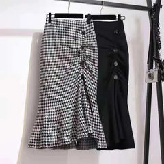 Trumpet Houndstooth Vintage High Waist Buttons Women's Skirt Korean Fashion Mermaid Mid-Calf Long Skirts For Women Spring voguable