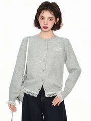 Lace Patchwork Retro Cardigan Women Streetwear Long Sleeve O Neck Knitted Sweaters American Casual Letter Vintage Fall Tops voguable