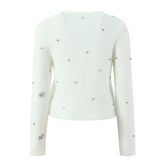 New Women Fashion Handmade Diamond Bow Knit Cardigan Long Sleeve V Neck Slim Crop Sweater Elegant Coat Tops