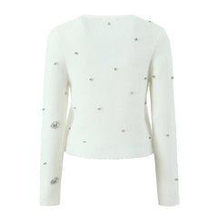 New Women Fashion Handmade Diamond Bow Knit Cardigan Long Sleeve V Neck Slim Crop Sweater Elegant Coat Tops