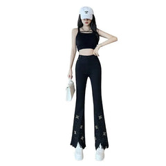 Voguable Star Hot Diamond Bead Imitation Denim Black Leggings Women Spring Summer New High-waisted Slim Tassel Micro-flare Trousers voguable