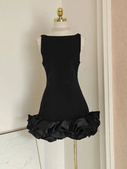 Spring French Style Splicing Halter Dress Woman Backless Slash Neck Solid Sleeveless Short Dresses Wave Cut voguable