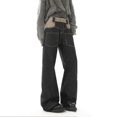 Hip Hop Patchwork Straight Jeans Black High Street Pocket Pants Japanese Harajuku Fashion Casual Loose Mopping Wide-leg Jeans