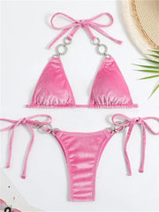 Voguable Sexy Triangle Bikinis Set Women 2024 Solid Pink Criss Cross Velvet Swimsuit Luxury Rhinestone Bathing Suit Metal Swimwear Y2K voguable