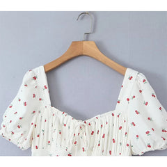 YENKYE Summer 2024 Women French Style Lacing Up Square Neck Floral Print Dress Sexy Slit Puff Sleeve Ladies Elegant Holiday Robe voguable