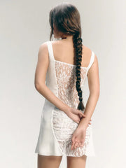 Lace See Through Sexy Mini Dress For Women Robe Spaghetti Strap Square Collar Sleeveless Ruched Bodycon Club Dress voguable