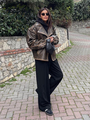 Streetwear Worn Effect Bike Leather Jackets For Women Oversized Boyfriend PU Leather Jacket Women Loose Zipper Brown Coat voguable