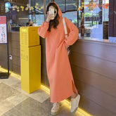 Voguable Korean Fashion Dresses Autumn Winter New Women Solid Hooded Plus Velvet Long Sleeve Loose Ankle-Length A-line Sweatshirt Dress voguable