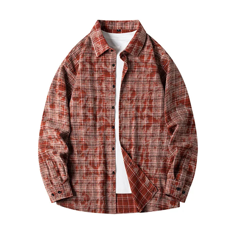 Lapel Collar Casual Shirt Jacket Retro Plaid Tie-dye Men's Cotton Shirt Coat Long Sleeve Casual Single Breasted 5Colors