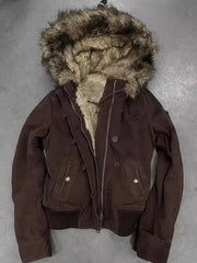 American Vintage Y2K Fur Lined Bomber Jacket Womens Brown Hooded Coat with Faux Fur Trim and Ribbed Cuffs Fashionable and Casual voguable
