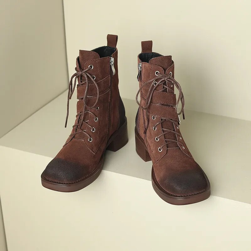 New Retro Lace-up Cow Suede Leather Women Ankle Boots Thick Heels Office Ladies Working Shoes Woman Winter Platform Shoes voguable