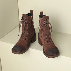 New Retro Lace-up Cow Suede Leather Women Ankle Boots Thick Heels Office Ladies Working Shoes Woman Winter Platform Shoes voguable